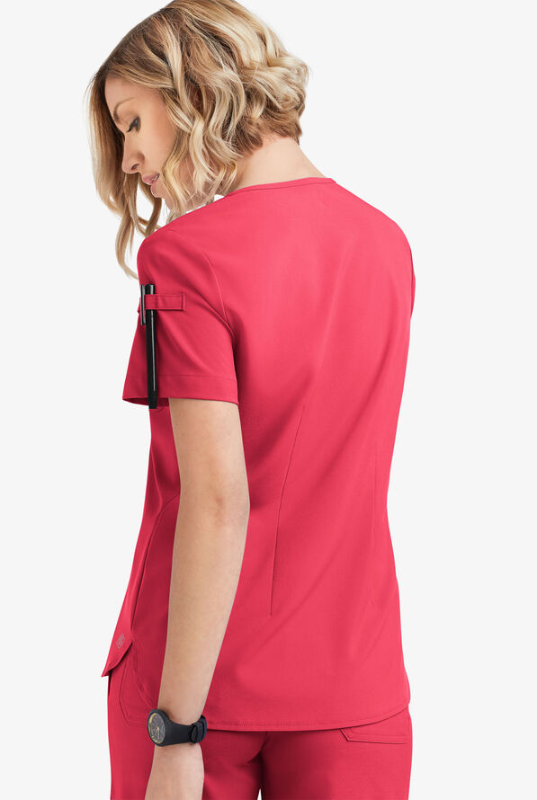 Easy STRETCH Nikki Women's 1-Pocket Scallop Neck Tuck-In Scrub Top - Bright Watermelon - 4