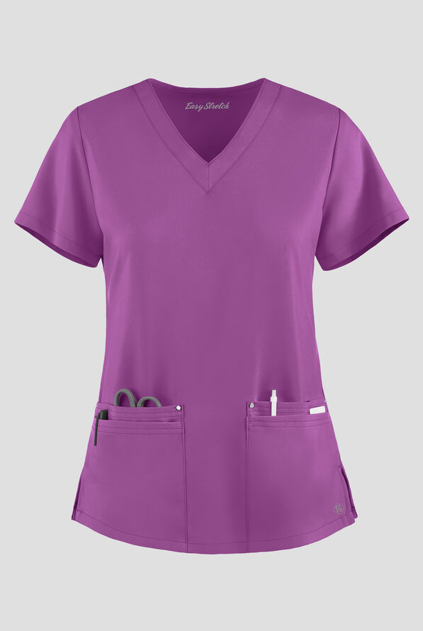 Easy STRETCH Lina Mitered Women's 4-Pocket V-Neck Scrub Top - Purple Swirl - 1