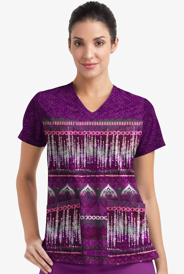 Easy STRETCH Woodblock Paisley Eggplant Women's 2-Pocket V-Neck Scrub ...