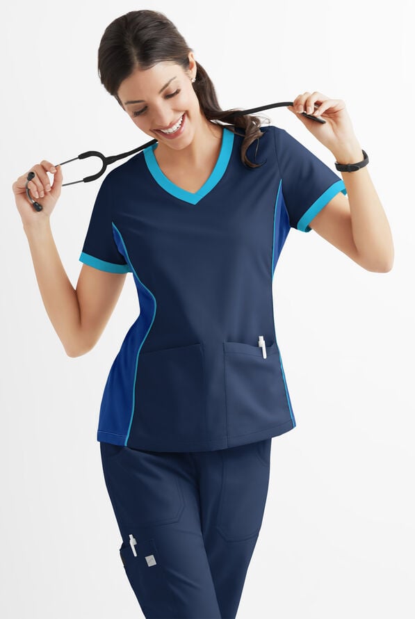 Blusa m&eacute;dica Butter-Soft Core by UA&trade; Color Block con escote en V y 4 bolsillos para mujer - Navy/Galaxy/Turquoise - 3
