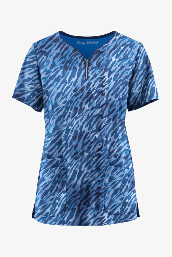 Easy STRETCH Abstract Animal Navy Women's 4-Pocket Zip Curved Neck Print Scrub Top - null - 1