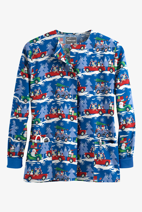 Butter-Soft Traveling with Santa Royal Women's 2-Pocket Print Scrub Jacket - null - 1