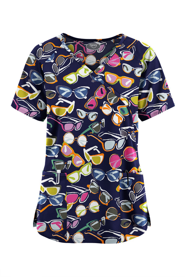 Happy Scrubs Fancy Shades Navy Women's 3-Pocket Mock Wrap With Ties Print Scrub Top - null - 1