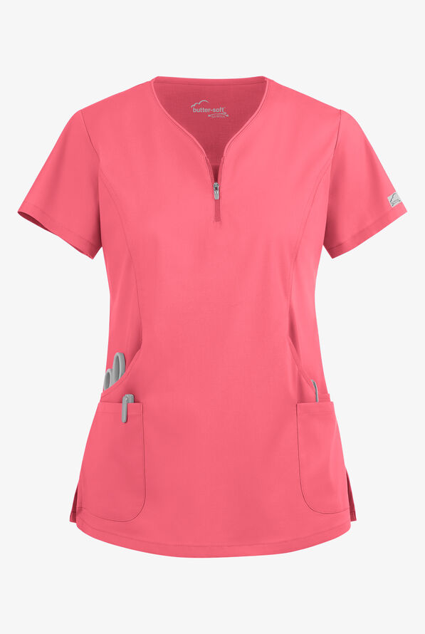 Butter-Soft STRETCH Women's 4-Pocket Curved Neck Zipper Scrub Top - Rouge Rose - 1