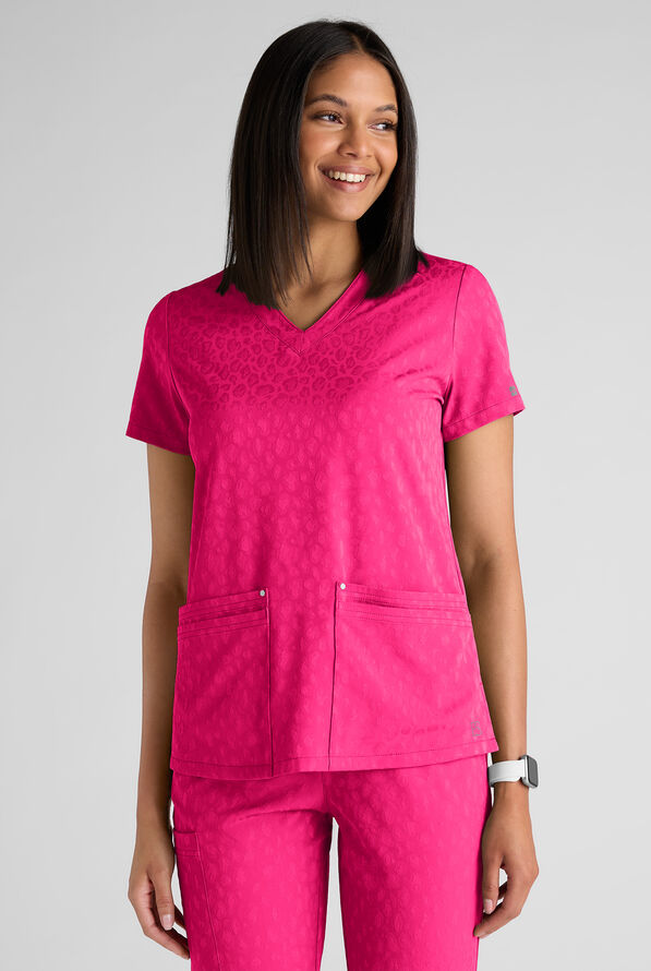 Easy STRETCH Lina Women's Jacquard 4-Pocket V-Neck Scrub Top - Reactive Pink - 1
