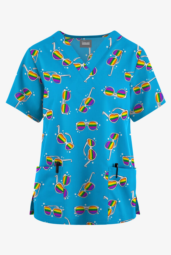 Butter-Soft Originals Rainbow Vision Turquoise Women's 2-Pocket V-Neck Print Scrub Top - null - 1