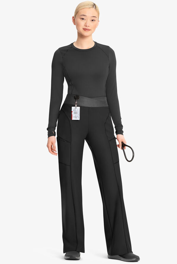 Infinity GNR8 Kinetic Knit Women's 5-Pocket STRETCH Cross-Over Waistband Wide Leg Scrub Pants - Black - 4