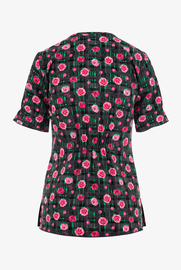 Betsey Johnson Cozy Roses Plaid Women's 2-Pocket STRETCH Y-Neck Print Scrub Top - null - 2