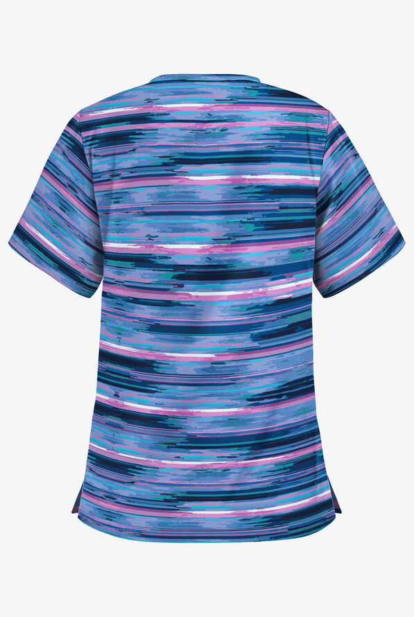 Butter-Soft Flourishing Stripes Navy Women's 2-Pocket V-Neck Print Scrub Top - null - 2