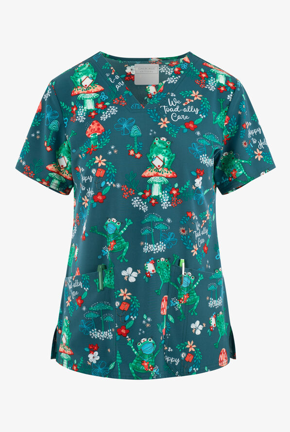 Cherokee  Genuine Hoppy To Help Frogs Women's 2-Pocket STRETCH V-Neck Print Scrub Top - null - 1
