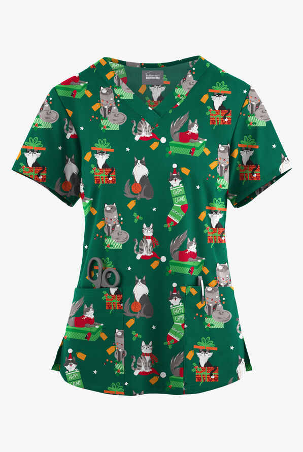 Butter-Soft Originals Playful Christmas Hunter Women's 4-Pocket Rounded V-Neck Print Scrub Top - null - 1