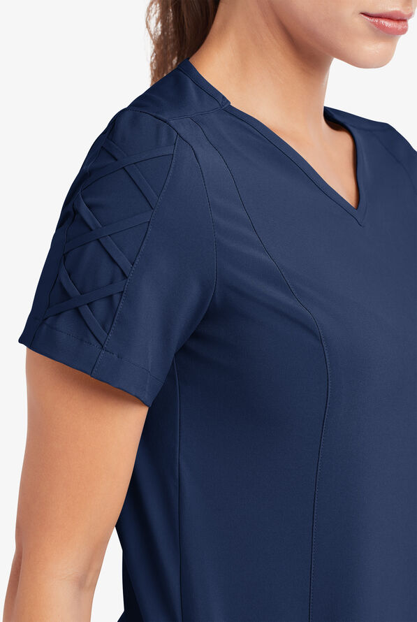 Easy STRETCH Kylie Woman's 5 Pocket V-Neck With Criss-Cross Detail Scrub Top - Navy - 6