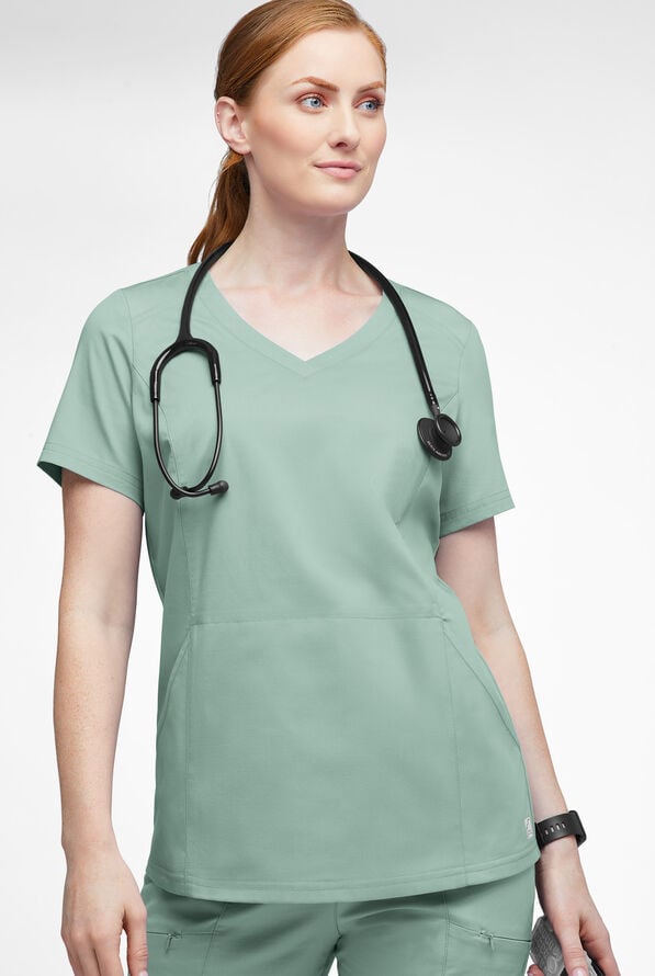 Blusa m&eacute;dica UA Butter-Soft STRETCH con detalle tejido y 3 bolsillos para mujer - Eucalyptus Leaf - 3