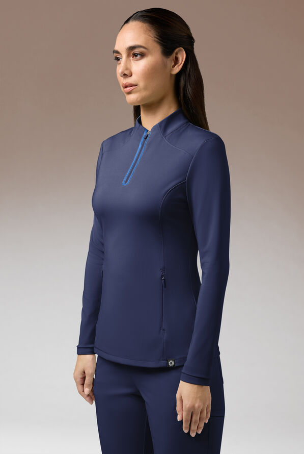 Hypothesis Omni Base K Women’s 3-Pocket Knit Long Sleeve Zip Neck Scrub Top - Navy/Royal - 1