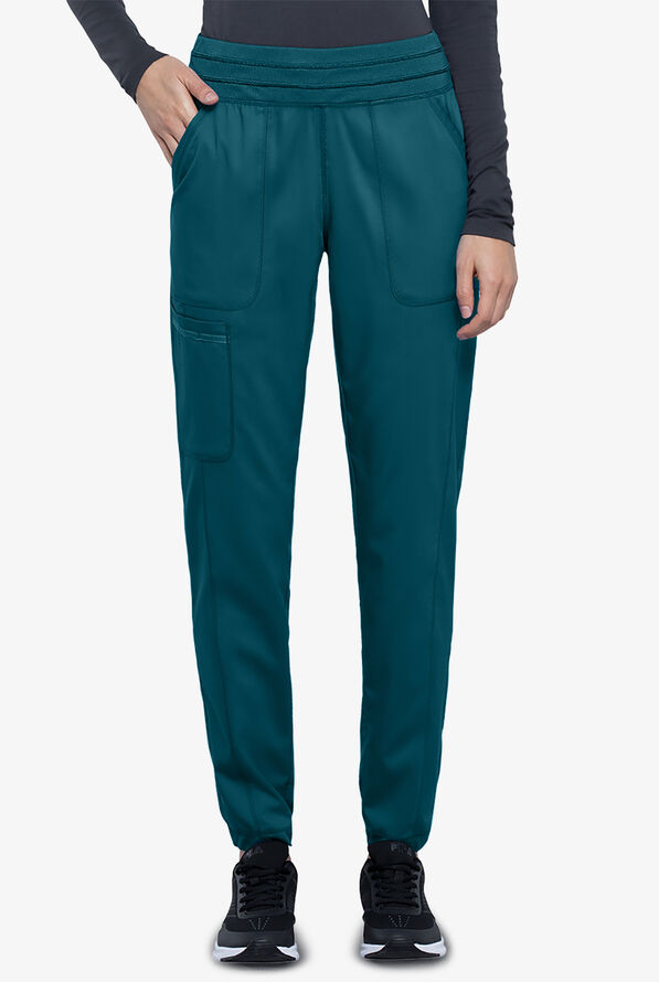 Cherokee Workwear Revolution Women's 5-Pocket STRETCH Elastic Waistband Half Jogger Scrub Pants - Caribbean Blue - 1