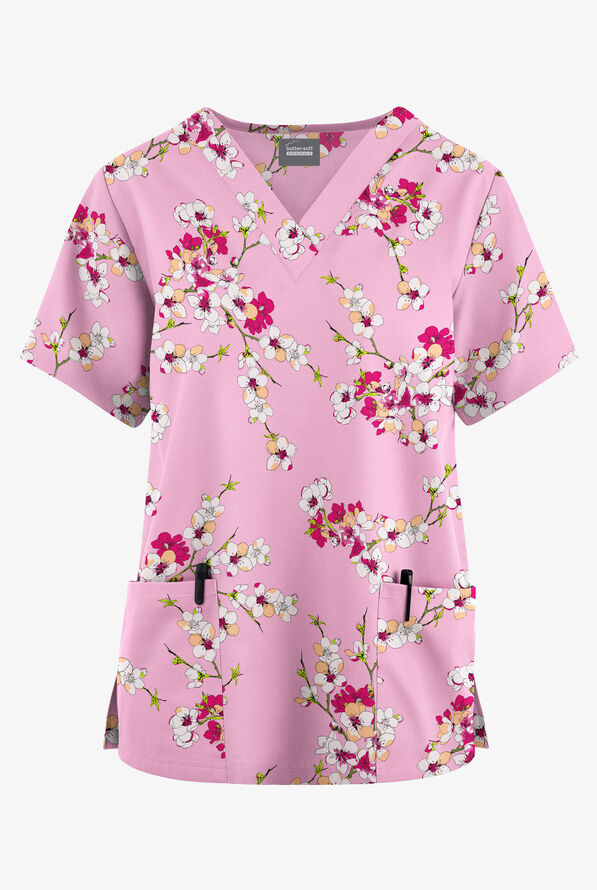 Blusa m&eacute;dica estampada Butter-Soft Originals Sweet Blossoms Blush con cuello en V y 2 bolsillos para mujer - null - 1