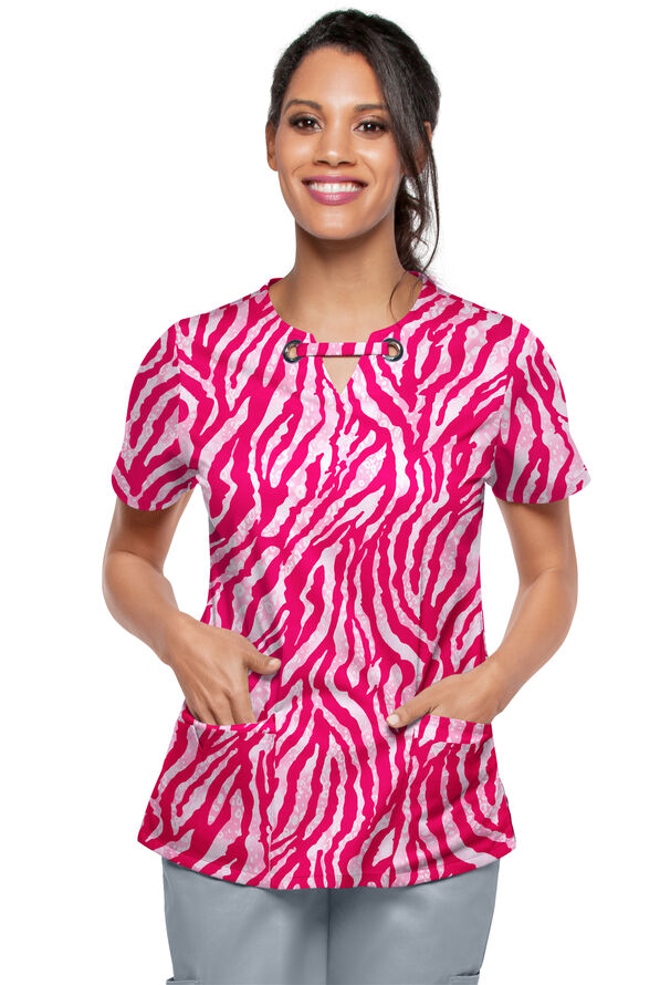 Strictly Scrubs STRETCH Tiger Fantasy Fuchsia Women's 4-Pocket Grommet Neck Print Scrub Top - null - 2