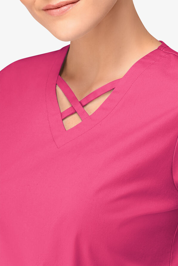 Blusa m&eacute;dica UA Butter-Soft STRETCH con lazos entrecruzados y 4 bolsillos para mujer - Fuchsia - 3