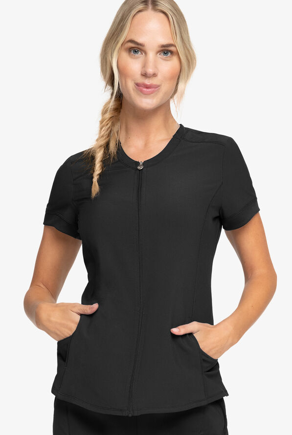 Blusa médica Cherokee Infinity con cuello redondo y cremallera para mujer - Black - 2