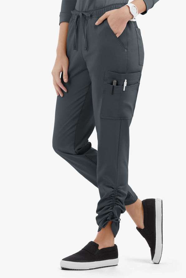 Easy STRETCH Halle Women's 11-Pocket Ruched Leg Jogger Scrub Pants - Petite - Pewter - 1