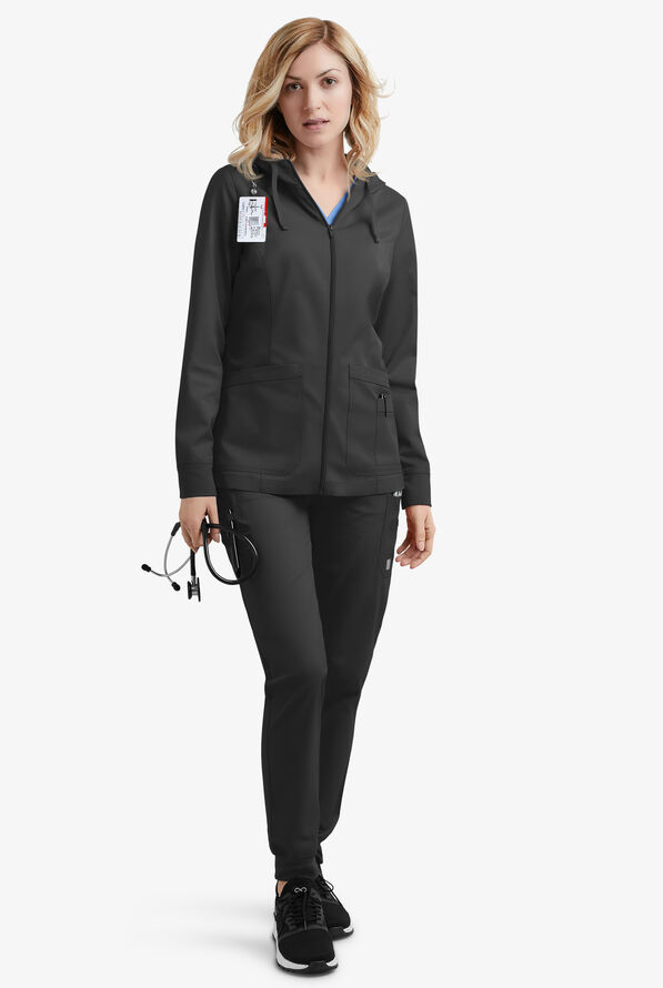 Butter-Soft STRETCH Women's 3-Pocket Zip-Front with Cozy Knit Hood and Trim Scrub Jacket - Black - 2