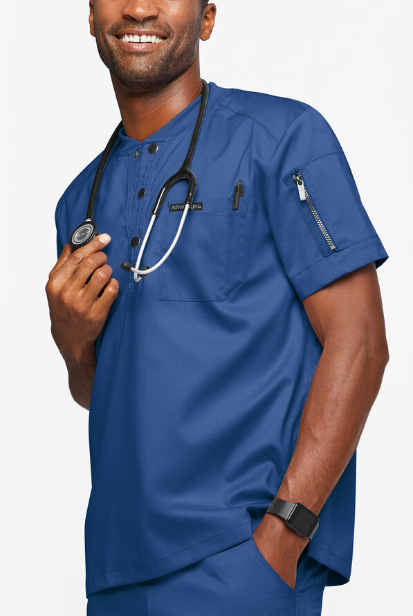 Advantage STRETCH Men's 2-Pocket Short Sleeve Henley Scrub Top - Royal - 2