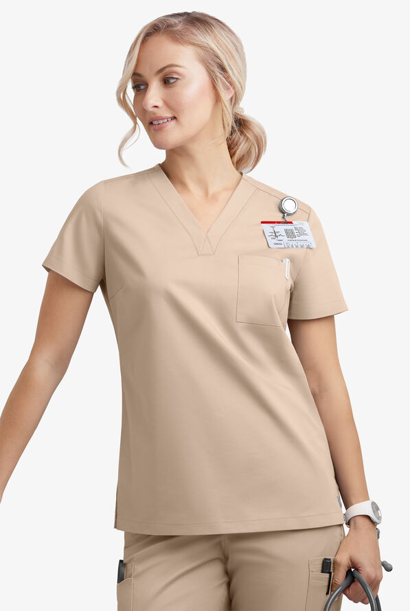 Butter-Soft STRETCH Women's 2-Pocket V-Neck Tuck-In Scrub Top - Iced Latte - 3