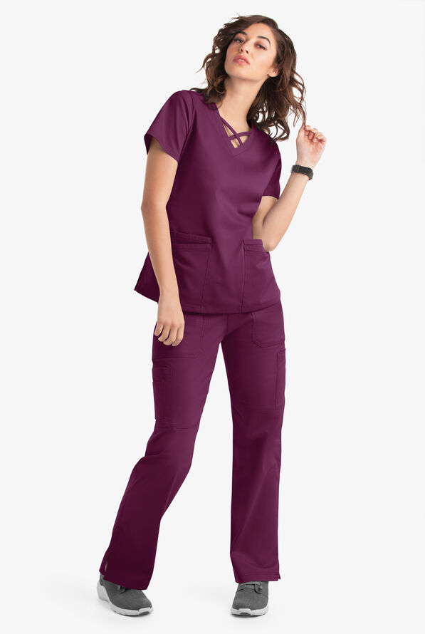 Blusa m&eacute;dica UA Butter-Soft STRETCH con lazos entrecruzados y 4 bolsillos para mujer - Wine - 6