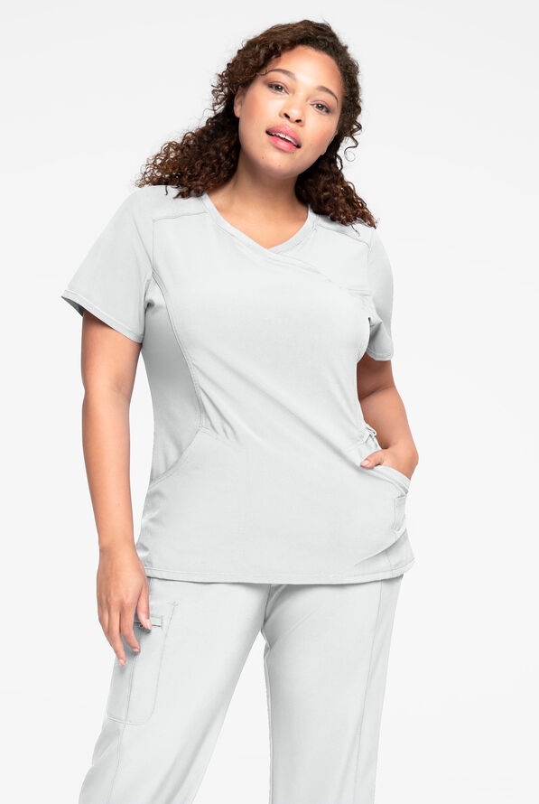 Infinity Women's 4-Pocket STRETCH Mock Wrap Scrub Top - White - 2