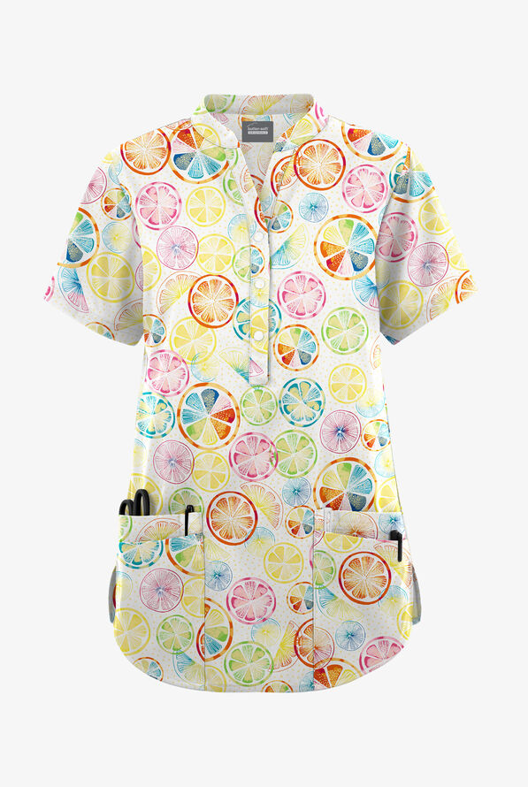 Butter-Soft Originals Citrus Slice Women's 6-Pocket Mandarin Collar Print Scrub Top - null - 1