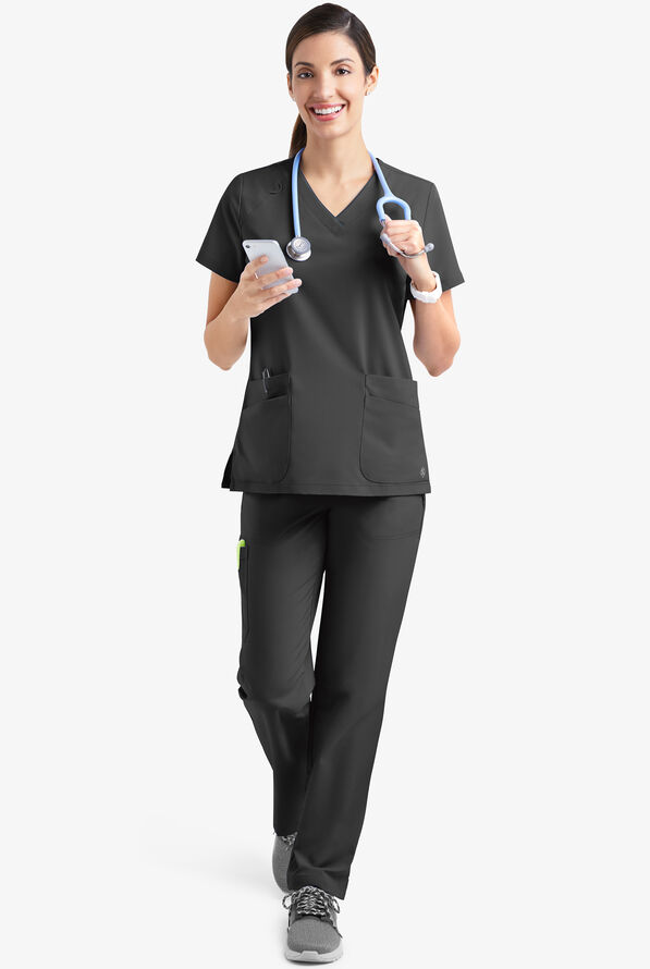 Easy STRETCH Cassia Women's 4-Pocket V-Neck with Contrast Piping Scrub Top - Onyx Black/Pewter - 2