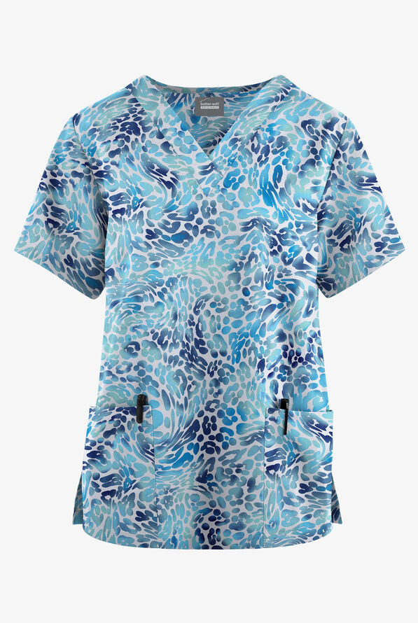 Butter-Soft Originals Leopard Wave Royal Women's 2 Pocket V-Neck Print Scrub Top - null - 1