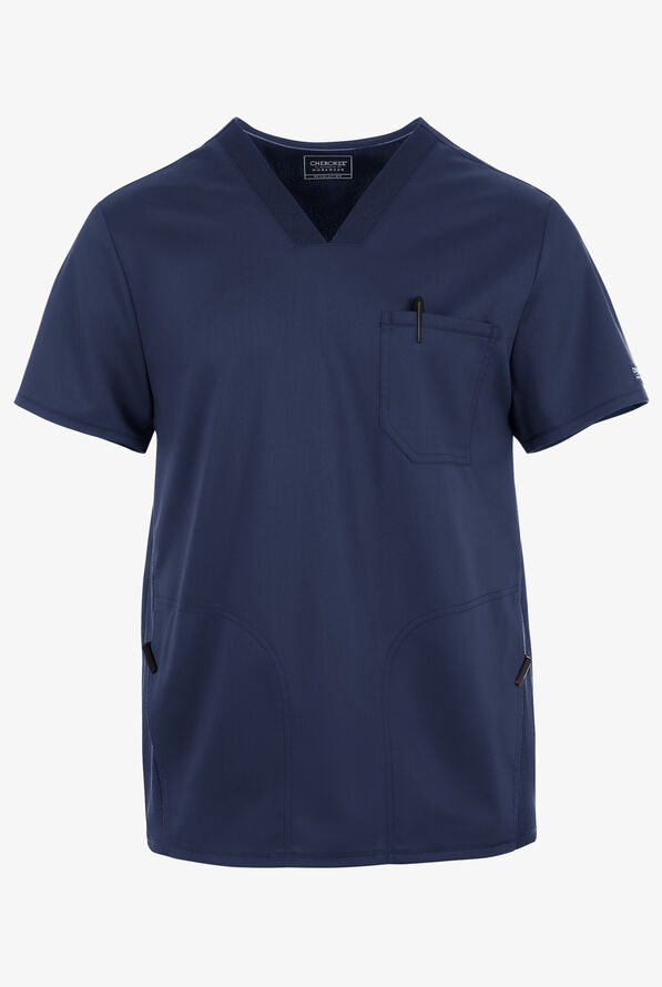 UA Exclusive Cherokee Workwear Revolution Men's 3-Pocket STRETCH Mesh Trim V-Neck Scrub Top - Navy - 4