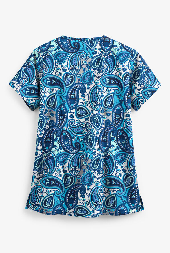 Butter-Soft Paisley Wonder Aqua Moon Women's 5-Pocket Rounded V-Neck Print Scrub Top - null - 2