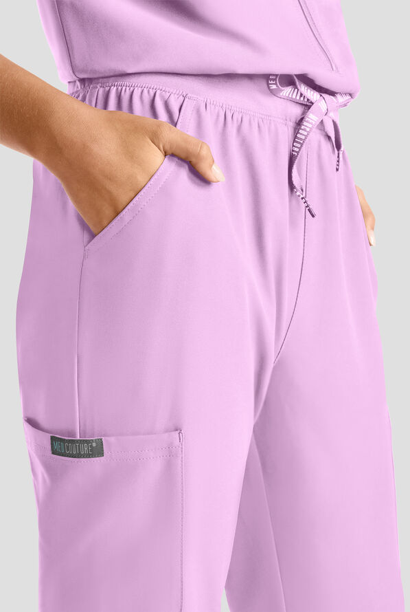 Med Couture Insight Women's 4-Pocket Zip Front Drawstring Waist Scrub Jumpsuit - Lilac - 2