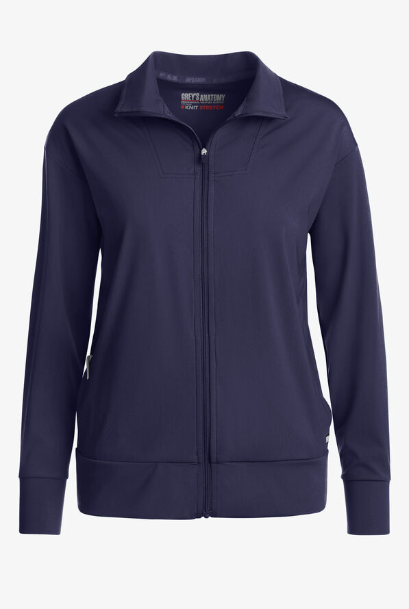 Grey's Anatomy by Barco Knit STRETCH Ease Warm Up Women's 4-Pocket Zip Front Scrub Jacket - Indigo - 1