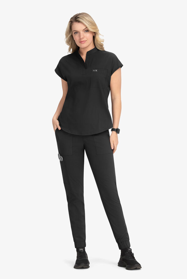 koi Basics Ari Women's 1-Pocket STRETCH Dolman Sleeve Mandarin Collar Scrub Top - Black - 4