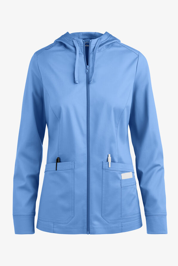 Butter-Soft STRETCH Women's 3-Pocket Zip-Front with Cozy Knit Hood and Trim Scrub Jacket - Ceil Blue - 1