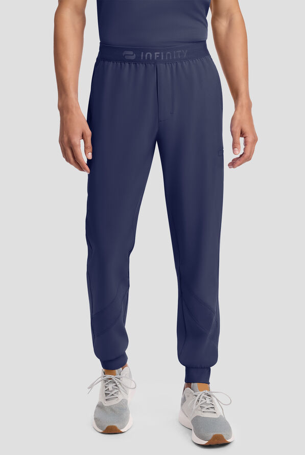 Infinity GNR8 Men's 5-Pocket STRETCH Logo Waistband Rib-Knit Trim Cargo Jogger Scrub Pant - Navy - 1
