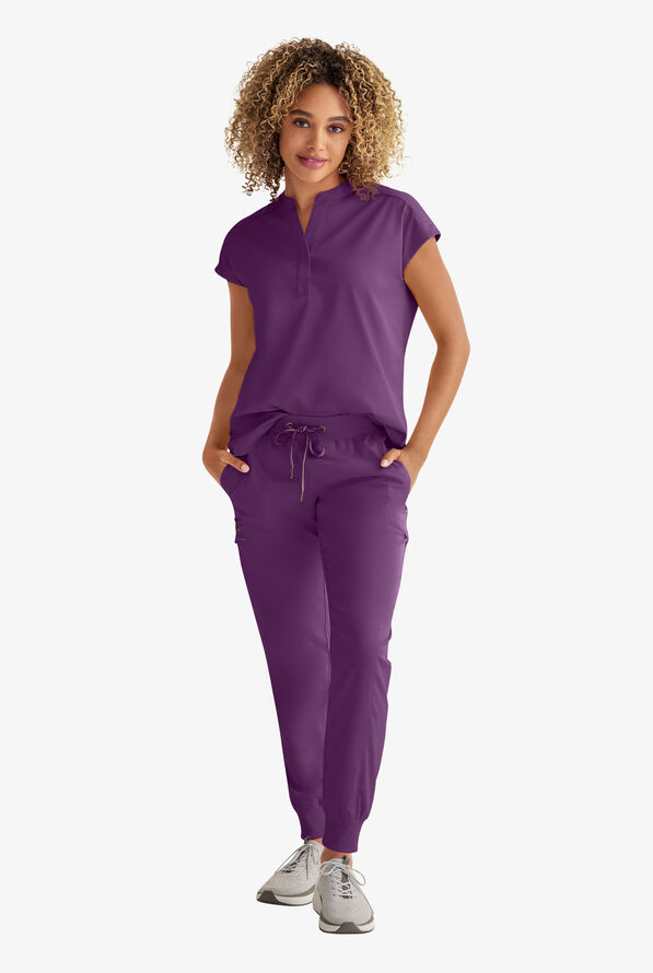 Healing Hands Purple Label Journey Women's 2-Pocket STRETCH Dolman Sleeve Mandarin Collar Scrub Top - Eggplant - 2