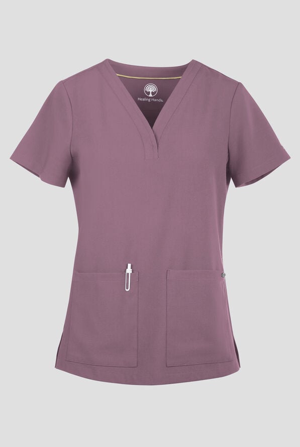 Healing Hands Quest Briana Women's 3-Pocket STRETCH Y-Neck Scrub Top - Elderberry - 1