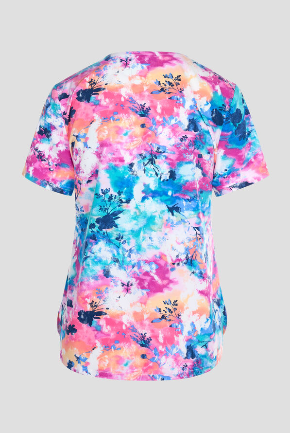 Cherokee Botanical Tie Dye Floral Women's 1-Pocket STRETCH V-Neck Print Scrub Top - null - 2