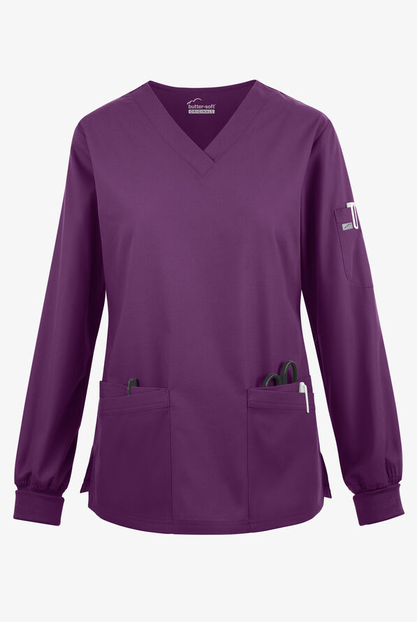 Butter-Soft Originals Women's 7-Pocket Curved V-Neck Long Sleeve Scrub Top - Eggplant - 1