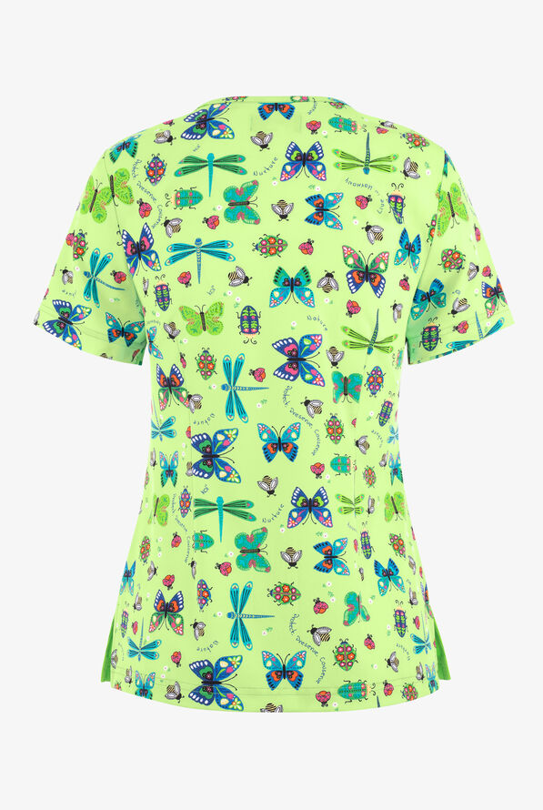 Planet koi Love Bugs and Butterflies Women's 2-Pocket STRETCH Y-Neck Print Scrub Top - null - 2