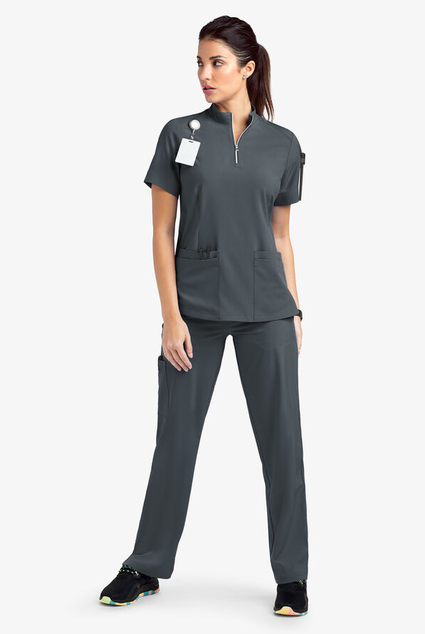 Easy STRETCH Jen Women's 4-Pocket Zip-Neck Short Sleeve Scrub Top - Pewter - 2