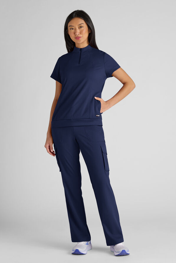 Grey's Anatomy by Barco Emerge Rowen Women's 2-Pocket STRETCH Banded Bottom Zip Scrub Top - Indigo - 7