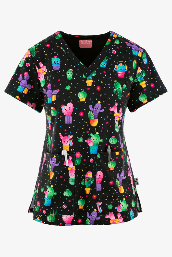 Zavate Ava Therese Looking Sharp Cactus Women's 2-Pocket STRETCH V-Neck Print Scrub Top - null - 1