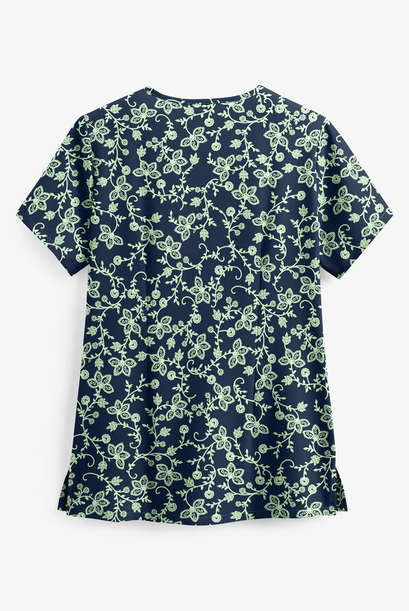 Butter-Soft STRETCH Floral Vines Navy Women's 4-Pocket Criss Cross Print Scrub Top - null - 2
