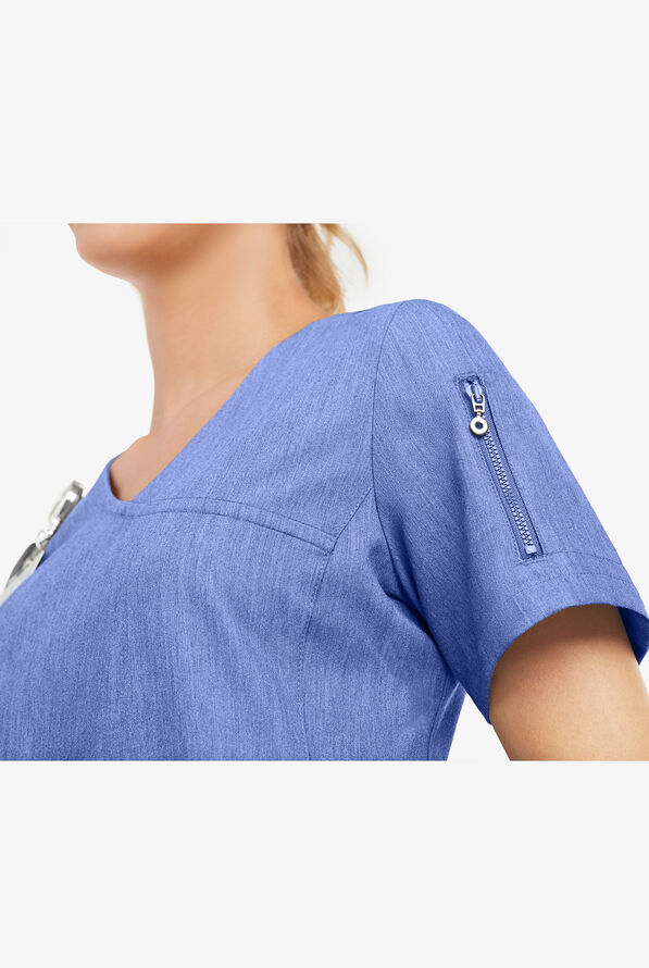 Blusa médica MOVEMENT by Butter-Soft Capella estilo cruzado con 5 bolsillos para mujer - Electric Blue Heather - 7
