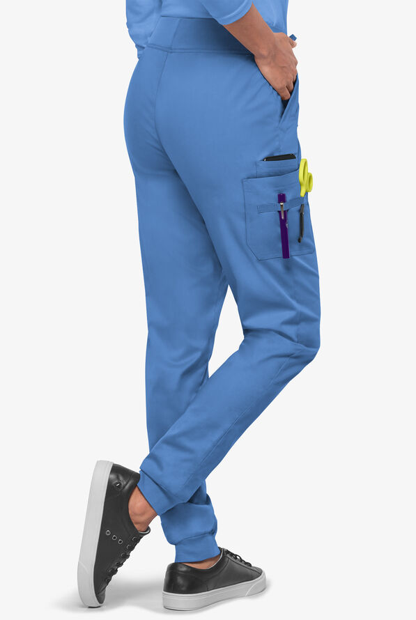 Butter-Soft STRETCH Women's 5-Pocket Contrast Trim Drawstring Cargo Scrub Pants - Ceil/Galaxy - 4
